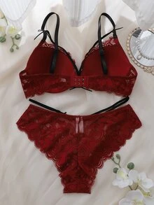 DelicateAllure 女款性感蕾絲內衣與蝴蝶結裝飾三角內褲內衣套裝 - 酒紅色 - 查看 2