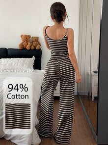 Napfluff Women's Cotton Striped Sexy Pajama Set, Camisole Casual Loungewear 3 Pieces Set - Chocolate Brown - View 3