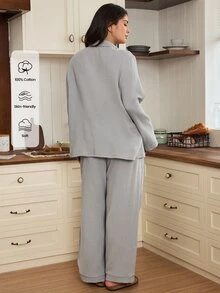Doze Lane Autumn/Winter All Cotton Solid Color Embroidered Letter Pattern Patch Pocket Turn-Down Collar Front Button Long Sleeve Long Pants Women Plus Size Pajama Set - Grey - View 3