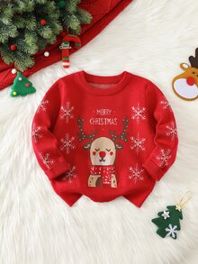 兒童中性款小男孩/小女孩秋冬保暖內裡加厚可愛馴鹿聖誕毛衣 - 紅色 - 查看 1