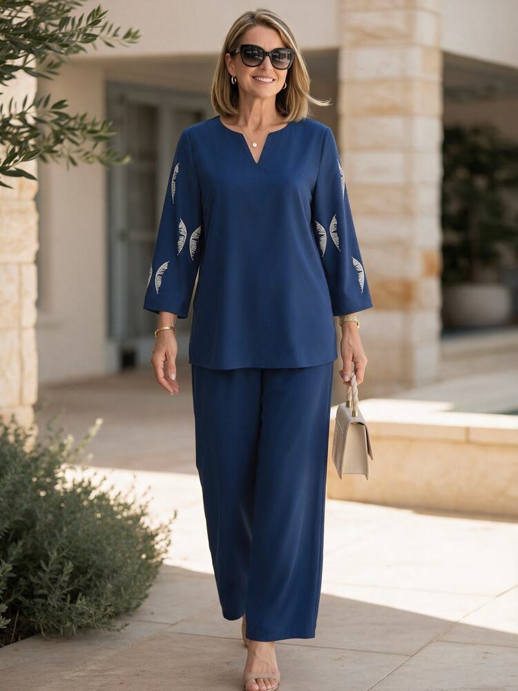 EMERY ROSE Navy Blue Elegant 3/4 Sleeve Placed Print Top + Wide Leg Long Pants Women's Set - Navy Blue - View 1