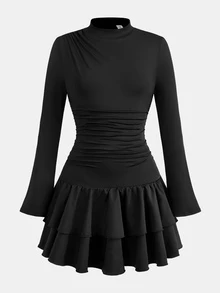 Girlism 青少年女孩秋冬黑色長袖高領百褶腰復古洋裝，適合秋冬穿搭童裝 - 黑色 - 查看 3
