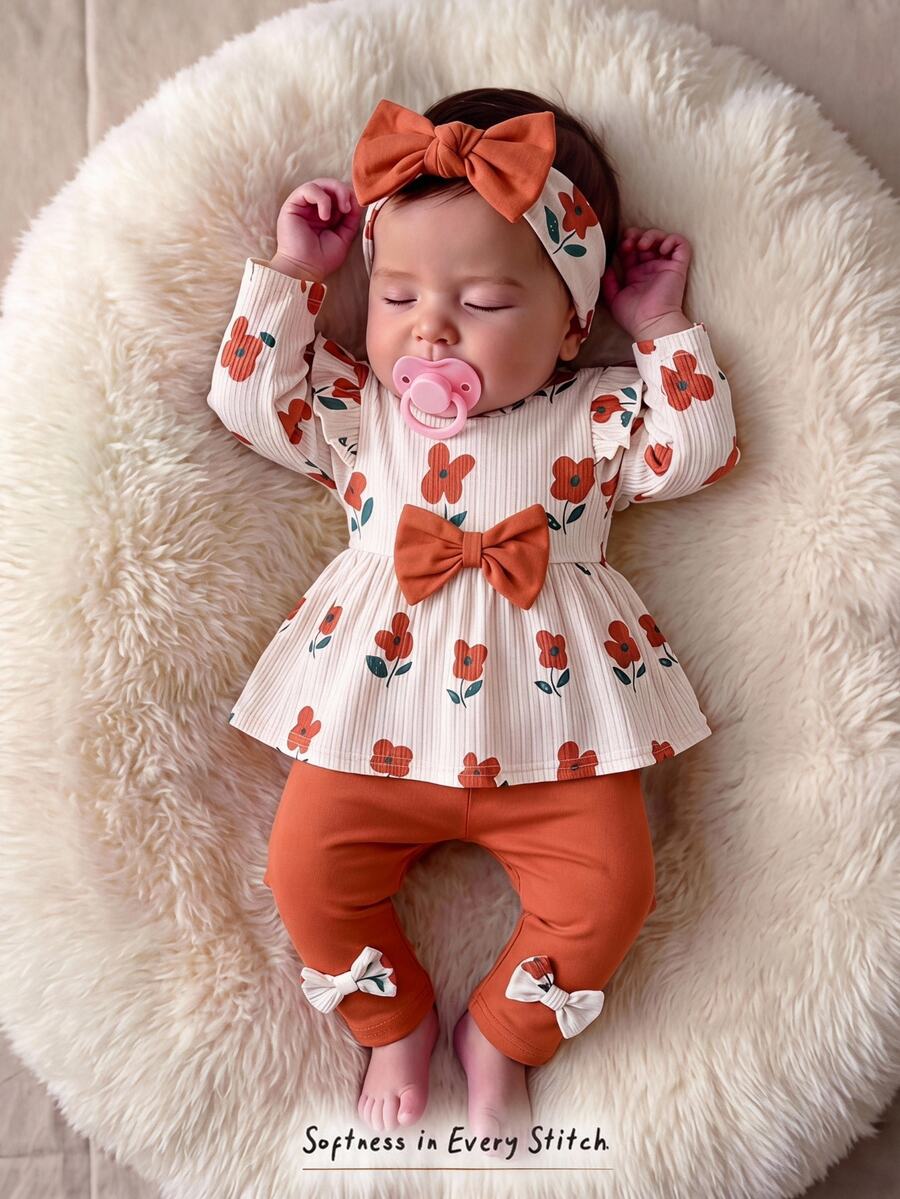 Cozy Pixies Baby Girl Knitted Floral Pattern Round Neck Ruffle Casual T-Shirt And 3D Bow Long Pants 2 Pieces Set - Multicolor - View 1