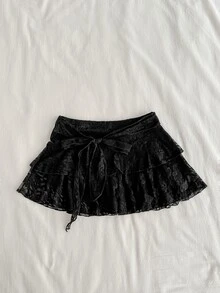 Attitoon Women's Casual Ultra Low Waist Lace Mini Skirt, Vintage, Y2K Style - Black - View 4