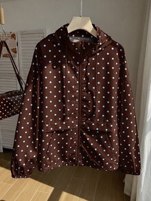 Solflare Polka Dot Print Hooded Casual Plus Size Jacket Autumn Fall - Mocha Brown - View 3