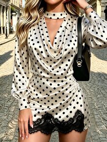 SHEIN Elegant Romantic Vacation Halter Neck Polka Dot Ruffle Trim Contrast Lace Commute Date Travel Business Office Wear Women's 2 Pieces Set - Apricot - View 1