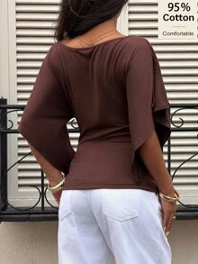Siren Gaze 95%棉 秋冬女款寬領街頭風收腰優雅T恤 外出穿著 縮袖荷葉邊設計 修身休閒棕色上衣 派對校園 Y2K 風格 - 棕色 - 查看 3