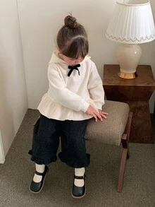 DAZY Infant (Girl) Solid Color Bow Hooded Long Sleeve Sweatshirt Winter - White - View 6