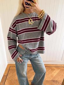 SHEIN EZwear 海外長袖草莓巧克力條紋上衣，秋季襯衫，適合日常通勤、派對、秋冬春夏、聖誕節、新年、感恩節、派對、婚禮、海灘、畢業典禮、優雅、外出、約會、通勤、情人節、優雅、度假、Y2K、畢業典禮等場合 - 彩色 - 查看 3