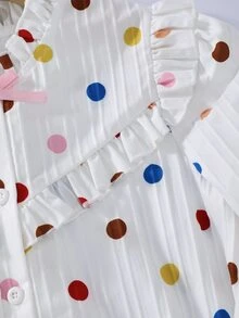 SHEIN 青少年女孩單層梭織紋理數位印花圓點優雅全開襟襯衫，荷葉領、泡泡袖設計，3D蝴蝶結裝飾，休閒風 - 白色 - 查看 4