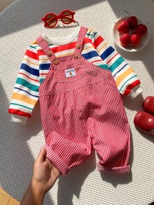SHEIN 中性新生兒嬰兒男/女寶寶，男嬰2件組秋冬抓絨加厚可愛條紋運動衫套裝，連身衣套裝，萬聖節、聖誕節 - 紅色 - 查看 7