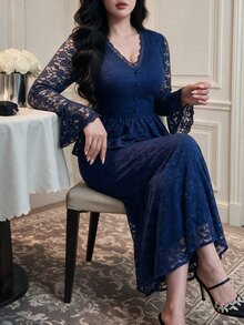 Vibekara Plus Size V-Neck Lace Waist-Cinching A-Line Blouse & Long Skirt 2 Pieces Set Fall - Royal Blue - View 6
