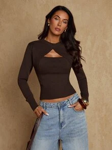 Glamine كنزة صوفية طويلة الأكمام بتصميم مفتوح للنساء موضة الشارع - قهوة بني - مشاهدة 3