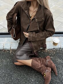 DAZY Women's Zipper Casual Versatile Daily Denim Jacket - Brown - View 7