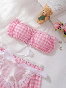 Spicy Aura Sexy Sweet Cute Plaid Lace-Up Contrast Color Maid Lingerie Set 4pcs Red & White - Pink - View 3