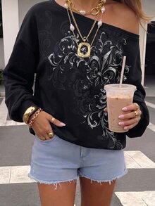 Veykashi Halloween Dark Pattern Print Plus Size Cold Shoulder Sweatshirt, Suitable For Spring And Autumn Holiday Outfits - Multicolor - View 1
