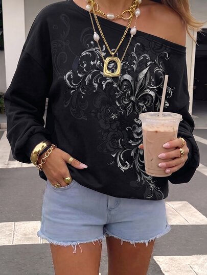 Veykashi Halloween Dark Pattern Print Plus Size Cold Shoulder Sweatshirt, Suitable For Spring And Autumn Holiday Outfits
