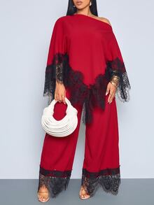 SOLERSUN Plus Size French Style Asymmetric Hem Asymmetrical Shoulder Top And Lace Patchwork Loose Long Pants 2 Pieces Set Fall - Red - View 5