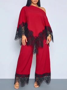 SOLERSUN Plus Size French Style Asymmetric Hem Asymmetrical Shoulder Top And Lace Patchwork Loose Long Pants 2 Pieces Set Fall - Red - View 6