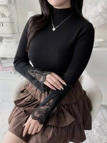 Dazy Plus Early Autumn New Korean Style Split Bell Sleeve Contrast Lace Sweater - Black - View 3