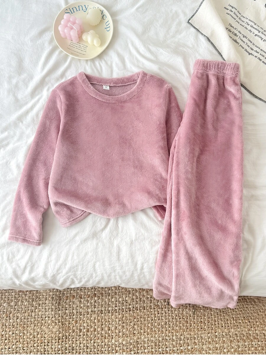 SHEIN Tween Girl 秋季/冬季 珊瑚絨毛套頭上衣與長褲 2 件套居家服套裝,粉紅色,女童服飾套裝 - 藕粉色 - 查看 1
