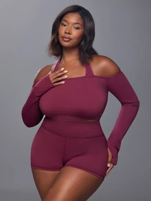 Voyena Women's Plus Size Solid Color Off-Shoulder Halter Neck Long Sleeve T-Shirt And Shorts Sports Set - Burgundy - View 4