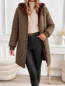 SHEIN Clasi Women's Solid Color Long Sleeve Zipper Front Thermal Lined Casual Hooded Winter Jacket - Rust Brown - View 8