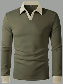 Manfinity Homme 男士拼色領長袖 Polo 衫，休閒外出款，適合丈夫，秋季，正式場合 - 綠色 - 查看 3