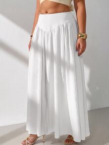 GalTyme Plus Size Minimalist Pleated Loose Long Skirt For Beach Vacation Fall - White - View 3