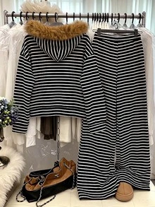 GlowEve CURVE Plus Size Korean Style Slouchy Chic Autumn/Winter Black & White Striped Fur Collar Hooded Loose Zip-Up Jacket & Drawstring Wide Leg Pants Casual 2 Pieces Set - Black and White - View 2