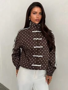 Aloruh Women's French Stripe & Polka Dot High Neck Zip-Up Jacket,Autumn,Winter - Brown - View 1