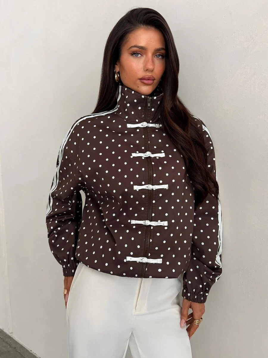 Aloruh Women's French Stripe & Polka Dot High Neck Zip-Up Jacket,Autumn,Winter - Brown - View 1