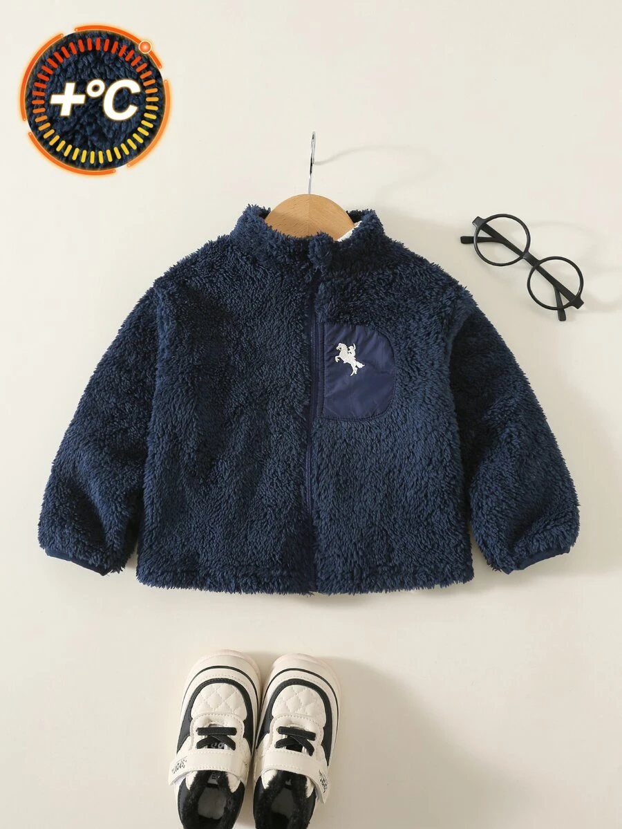 SHEIN Baby Boy Autumn/Winter Casual Stand Collar Fleece Long Sleeve Jacket, Infant Jacket, Blue Jacket - Multicolor - View 1