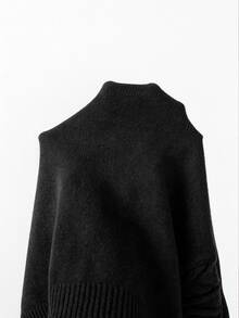 SHEIN 女款深棕色V領麻花編織針織毛衣，休閒長袖套頭衫 - 黑色 - 查看 3
