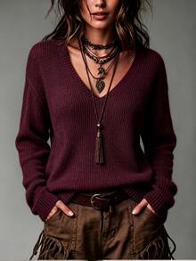 SHEIN New Spring Fall Korean Lazy Textured Knit V Neck Jumper Women Long Sleeve Loose Fit Short Length Casual - Burgundy - View 8