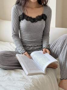 DAZY 2pcs/Set Women's Lace Patchwork Slim Fit Long Sleeve T-Shirt & Straight Leg Long Pajama Pants Sleepwear Set - Grey - View 6