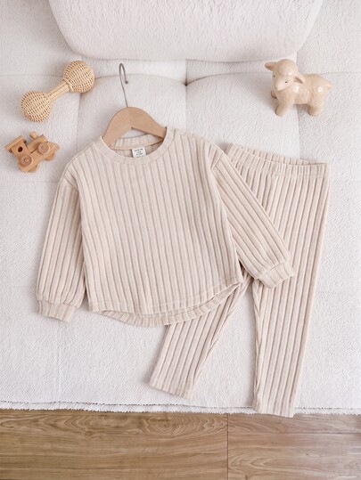 SHEIN Baby Girl Brushed Elastic Ribbed Crew Neck Pullover Mid-Length Top And Casual Versatile Leggings Set, Suitable For Winter