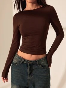 SHEIN PETITE 露背蕾絲拼接女款T恤上衣，性感約會穿搭，適合夏季 - 咖啡棕 - 查看 4