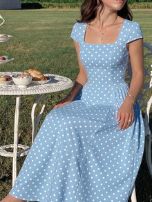 SHEIN MOD Apricot Black Polka Dot Square Neck Cap Sleeve Midi Dress - Blue - View 8