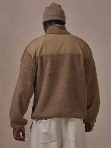 Musero Borg Funnel Neck Long Sleeve Top With Contrast Placket And Press Stud Fastening Autum Winter Essentials - Brown - View 4