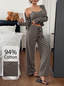 Napfluff Women's Cotton Striped Sexy Pajama Set, Camisole Casual Loungewear 3 Pieces Set - Chocolate Brown - View 7