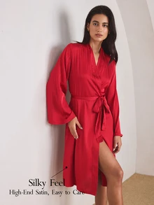 Ocili Women's Elegant Glossy Satin Minimalist Long Robe - Burgundy - View 1