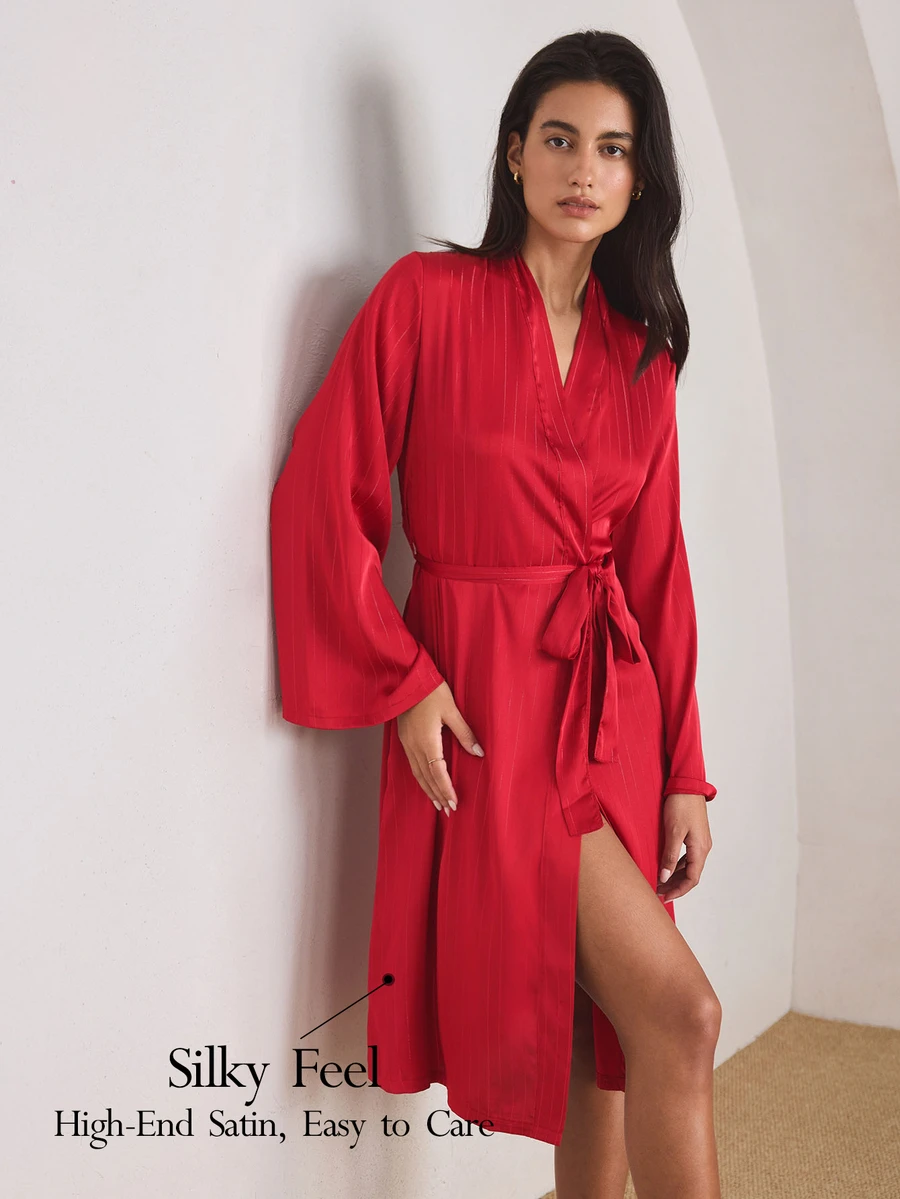 Ocili Women's Elegant Glossy Satin Minimalist Long Robe - Burgundy - View 1