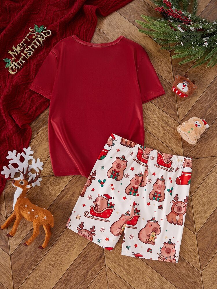 Girls' Short Sleeve Shorts Snug Fit Loungewear - Red - View 2