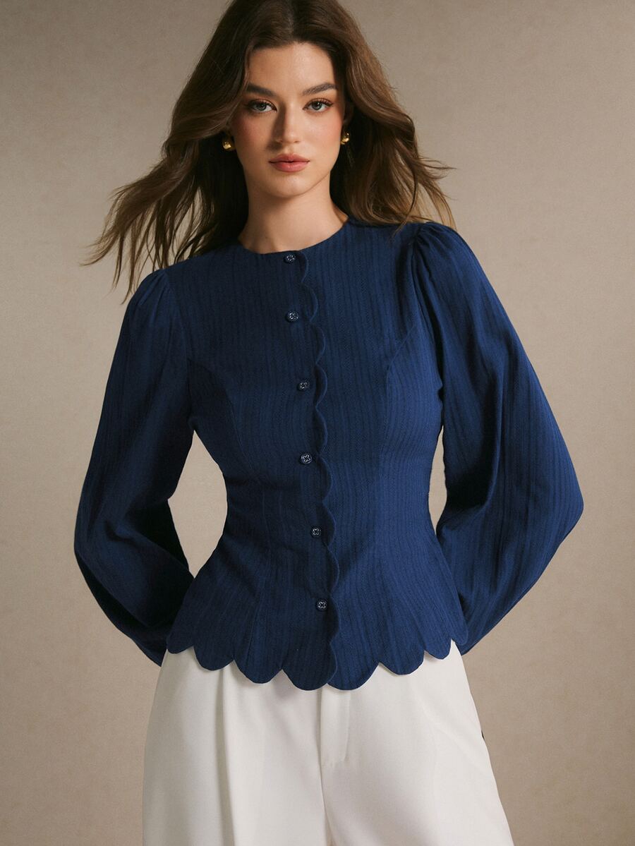 Poéselle Women's Elegant Button Textured Long Sleeve Waist-Cinching Blouse - Navy Blue - View 1
