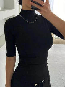 DAZY Women's Solid Color Casual Versatile Daily Wear T-Shirt - Black - View 5