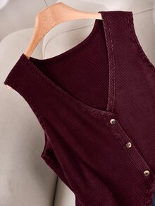 Story & Sage Casual Vacation Women's Fitted Vest Tank Top, Spring/Summer, Snowflake Pattern, Button Front, Black - Burgundy - View 5