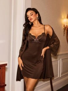 Slumberist Women's Sexy Lace Camisole Nightgown & Tie-Front Long Sleeve Robe 2 Pieces Loungewear Set - Coffee Brown - View 1