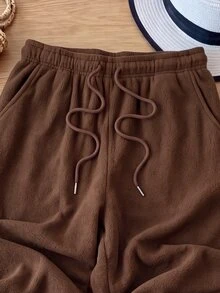 Rusticease Women's Solid Color Drawstring Waist Pocket Loose Casual Long Pants - Coffee Brown - View 4