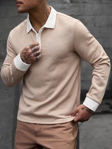 Manfinity CasualCool 男士拼色長袖 Polo 領襯衫，休閒時尚日常穿著、通勤，適合秋季、正式場合，白色長袖 Polo 衫，男士 Polo 衫，紋理提花面料，紋理 Polo，翻領 Polo，春秋男裝，淺色奢華成熟裝飾輕商務 - 杏色 - 查看 4